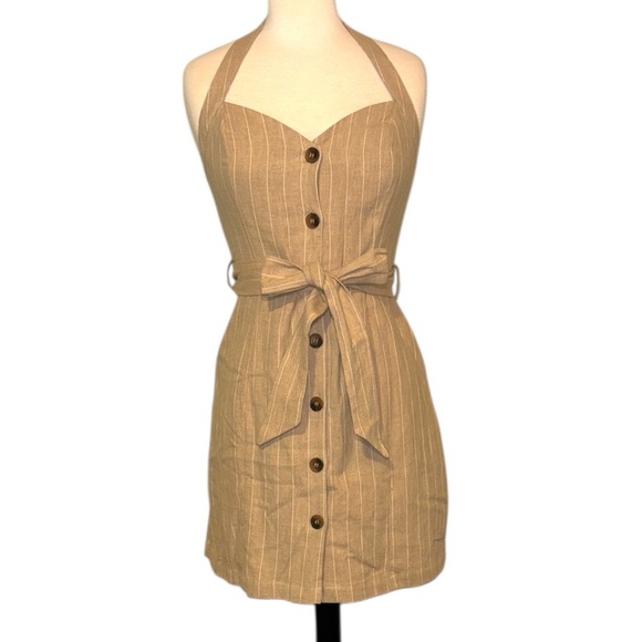 Lost And Wander Dresses & Skirts - LOST & WANDER Chic tan/white striped Button-Down Halter Mini Dress size Small